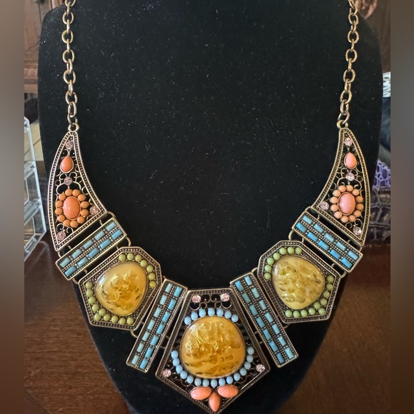 Beaded, Jeweled Vintage Inspired, Bohemian Geometric Statement Necklace - Picture 5 of 7